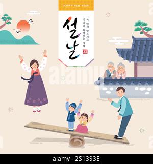 Koreanische Neujahrsszene. Glückliche Familie, die traditionelle Spiele genießt. Übersetzung: "Happy New Year with your Family, Lunar New Year." Stock Vektor