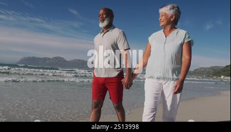 Ältere Biracial-Frau und Afroamerikaner gehen am Strand. Sie genießen einen ruhigen Outdoor-Moment am Meer und halten die Hände. Stockfoto