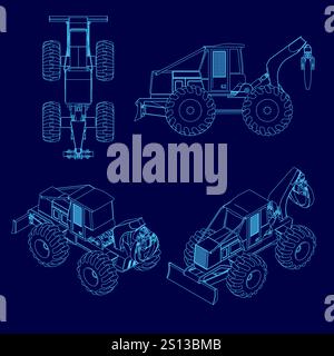 Blaue Zeichnung eines großen Baufahrzeugs. Die Zeichnung zeigt vier verschiedene Ansichten des Fahrzeugs, einschließlich der Vorder-, Heck- und Seitenansicht. Das Fahrzeug Stock Vektor