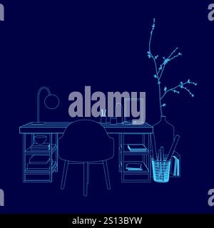 Blaue Zeichnung eines Schreibtisches mit Stuhl, Vase und Bücherregal. Der Schreibtisch ist leer, aber der Stuhl steht davor und ist einsatzbereit Stock Vektor