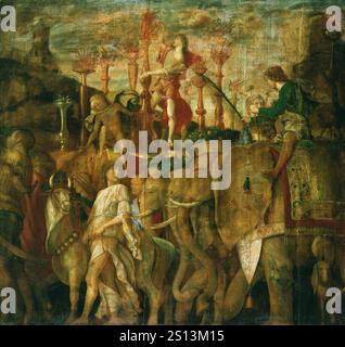 Die Triumphe von Caesar sind eine Serie von neun großen Gemälden, die der italienische Renaissance-Künstler Andrea Mantegna zwischen 1484 und 1492 für den Ducal Palace von Gonzaga in Mantua schuf. Sie stellen eine triumphale Militärparade dar, die die feiert der Sieg von Julius Cäsar in den Gallischen Kriegen. - Elefanten Stockfoto