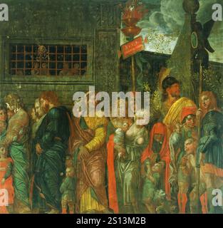 Die Triumphe von Caesar sind eine Serie von neun großen Gemälden, die der italienische Renaissance-Künstler Andrea Mantegna zwischen 1484 und 1492 für den Ducal Palace von Gonzaga in Mantua schuf. Sie stellen eine triumphale Militärparade dar, die den Sieg von Julius Cäsar in den Gallischen Kriegen feiert. - Gefangene Stockfoto