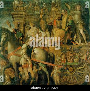 Die Triumphe von Caesar sind eine Serie von neun großen Gemälden, die der italienische Renaissance-Künstler Andrea Mantegna zwischen 1484 und 1492 für den Ducal Palace von Gonzaga in Mantua schuf. Sie stellen eine triumphale Militärparade dar, die den Sieg von Julius Cäsar in den Gallischen Kriegen feiert. - Julius Cäsar Stockfoto