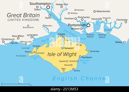 Insel Wight und politische Karte der Umgebung. Insel, County und Unitary Authority im Ärmelkanal gegenüber dem Solent vor der Küste von Hampshire Stockfoto