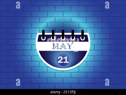 Ein digital gerendertes Bild einer Kalenderseite mit dem 21. Mai. Der Kalender wird vor einem blauen Backsteinmauerhintergrund dargestellt Stock Vektor