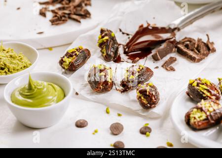 Zubereitung eines exquisiten Desserts, Datteln gefüllt mit Pistazien-Mousse, Alternative zur beliebten Dubai Schokoladenriegel Stockfoto