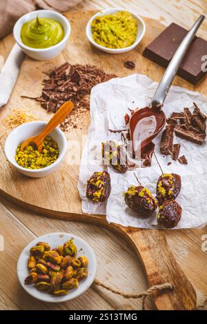 Zubereitung eines exquisiten Desserts, Datteln gefüllt mit Pistazien-Mousse, Alternative zur beliebten Dubai Schokoladenriegel Stockfoto