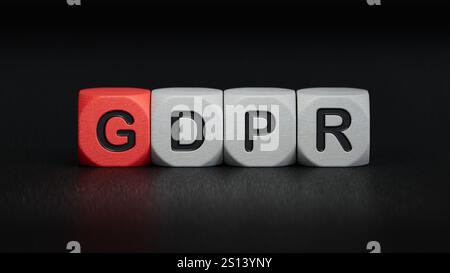 dsgvo-Konzept für Unternehmen. Hand und Fälschung auf Holzwürfelblock. Nahaufnahme von Holzelementen, Business Concept.3D-Rendering auf schwarzem Hintergrund. Stockfoto
