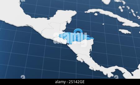 Blaue Honduras 3D-Karte mit Pointer Pin, umgeben von anderen Ländern in weiß. Politische Karte mit Grenzen. 3D-Rendering-Abbildung Stockfoto