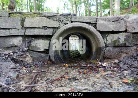 Einfache Brücke aus Naturstein und Betonrohr im Wald, Deutschland, Nordrhein-Westfalen, Ruhrgebiet, Castrop-Rauxel Stockfoto