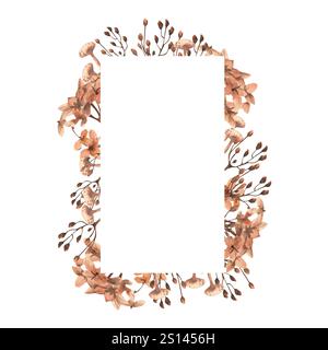 Blumengrußkarten-Rahmenschablone mit getrockneten Blumen und Lotus-Aquarell-Clipart. Handgezeichnetes Banner mit Wildblumen in Mokka Mousse trendy c Stockfoto