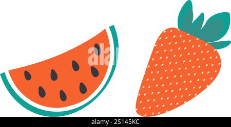 Wassermelonenscheibe und ganze Erdbeeren reife Sommerbeeren. Gesunde Ernährung Karten Design Elemente. Isolierte Vektor-Illustration Thematische Karten oder Menükarten, Broschüren, Grußworte, Etiketten oder Web-Werbebanner Stock Vektor