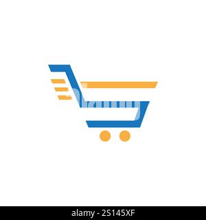 Vorlage für Logodesigns im Onlineshop. Design-Konzept für Warenkorb und Einkaufstasche mit Logo-Kombination. Logodesign anzeigen. Warenkorb-Logo und Einkaufstaschen Stock Vektor