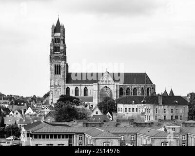 Blick auf das Sint-Salvatorskathedraal oder die Kathedrale des Heiligen Erlösers, Altstadt von Brügge, Belgien. Schwarzweißbild. Stockfoto