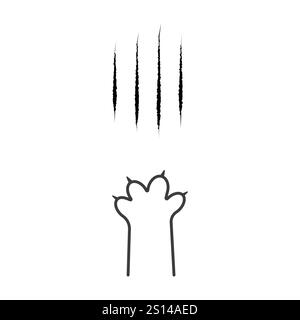 Katzenkratzer. Schwarzes blutiges Tierkrallenzeichen isoliert auf weißem Hintergrund. Löwen- oder Tiger-Kratzspuren. Umreißen Sie den Platzbedarf der Katze. Wilde Biestpfote Stock Vektor