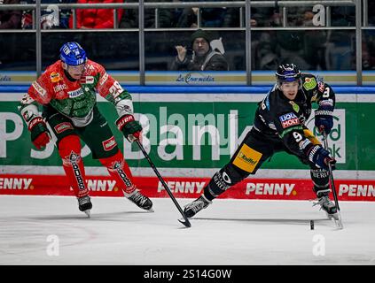 Kampf um den Puck / Zweikampf zwischen Denis Reul (Augsburger Panther, #29) und Ty Ronning (Eisbaeren Berlin, #9). Deutschland, Augsburger Panther vs. Eisbaeren Berlin, Eishockey, DEL, 32. Spieltag, Saison 2024/2025, 30.12.2024. Foto: Eibner-Pressefoto/Heike Feiner Stockfoto