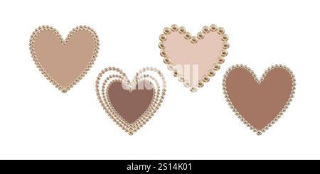 Set aus Aquarellrahmen in Herzform aus zarten Perlen mit rosa-braunem Hintergrund in Mokka-Mousse-Palette. Handgezeichnetes Clipart für die Hochzeit, V Stockfoto