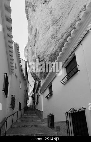 Häuser in den Felsen in der Straße Calle herreria, Stadt Setenil de las Bodegas, Provinz Cadiz, Spanien. Stockfoto