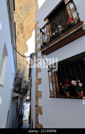 Häuser in den Felsen in der Straße Calle herreria, Stadt Setenil de las Bodegas, Provinz Cadiz, Spanien. Stockfoto