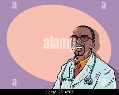 Männlicher schwarzer Doktor lächelt und blickt in die Kamera. Werbung für das medizinische Dienstleistungsgeschäft. Empfehlung eines Facharztes. Pop Art Retro Stock Vektor