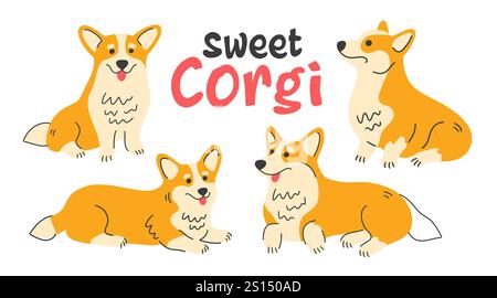 Niedliches walisisches Corgi-Set. Hund posiert flache Illustrationen Stock Vektor