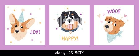 Kartenset mit lustigen Hunden. Lustige handgezeichnete festliche Hunde in Partyhüten Stock Vektor