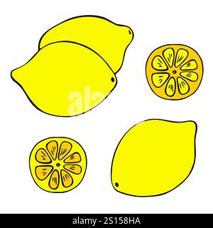Zitrusfrucht-Doodle-Icon-Kollektion, ganz, Scheibe, schwarze Kontur, gelbe flache Farbe, isoliert auf weißem Hintergrund. Stock Vektor