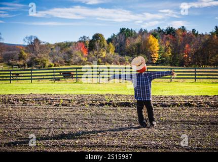 Pittsfield, MA USA - 19. Oktober 2017: Scarecrow in a Field against Herbstlaub Background in Western Massachusetts. Stockfoto