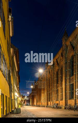 Kopenhagen altes Bibliotheksgebäude in Fiolstræde beleuchtet bei Nacht, Dänemark, 12. Dezember 2024 Stockfoto