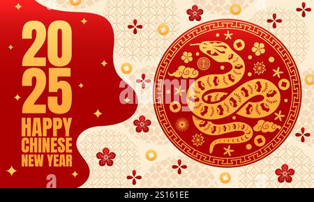 Happy Chinese Lunar Silvester Banner mit goldener Schlange und asiatischen Blumen. Vector CNY 2025 Grußkarte mit goldener Reptilienschlange im roten kreisförmigen Emblem, umgeben von Blumenmotiven, Wolken und Münzen Stock Vektor