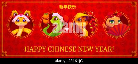 Cartoon-Schlangen Collage auf chinesischem Neujahrsbanner. Niedliche festliche Reptilien mit traditionellen Mandarinenfrüchten, Feuerwerkskörpern, Fans und Hüten auf rotem Hintergrund feiern Wohlstand und Freude Stock Vektor