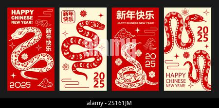 Rote und beige chinesische Neujahrsfahnen mit Schlangensilhouetten, Vektor-Grußkarten. 2025 Chinesische Mondneujahrspruchbänder mit Schlangen in papiergeschnittenen Blumen und Gruß in Hieroglyphen Stock Vektor