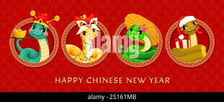 Schlangen-Collage auf chinesischem Mondneujahrsbanner mit Tierzeichen aus asiatischem Kalender. Cartoon lustige Schlangenvektorfiguren mit Neujahrsfeiertag Drachenmaske, Kaiserhut, Regenschirm und Geschenk Stock Vektor