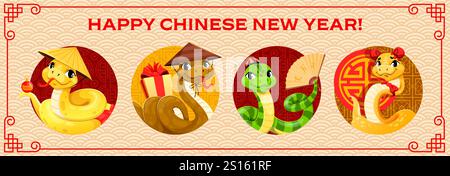 Chinesische Neujahrscartoon nette Schlangen Collage für Mondjahrfeiertag, Vektor-Hintergrund. Glücklicher chinesischer Neujahrsgruß mit Cartoon-Schlangen in Hanfu-Hut mit Geschenken, Fan- und asiatischen Weihnachtsdekorationen Stock Vektor
