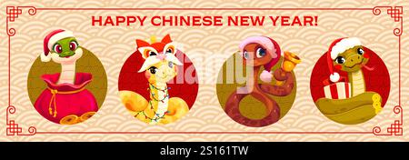 Comic lustige Schlangen Collage auf Chinesisches Neujahrsgrußkarte. China und Japan Mondjahrskalender Sternzeichen Schlangen Vektorfiguren mit asiatischer Drachenmaske und Glücksgold Münzen, Geschenk, Weihnachtsmann Hut und Tasche Stock Vektor