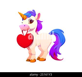 Die niedliche Figur eines Cartoon-Einhorns mit Regenbogenmähne und Schwanz hält ein rotes Herz im Mund und symbolisiert Liebe und Freundlichkeit für den valentinstag. Vektor süße und fröhliche magische Fantasy-Persönlichkeit Stock Vektor