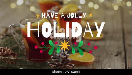 Bild von weihnachtsgrüßen Text über weihnachtsdekorationen Stockfoto