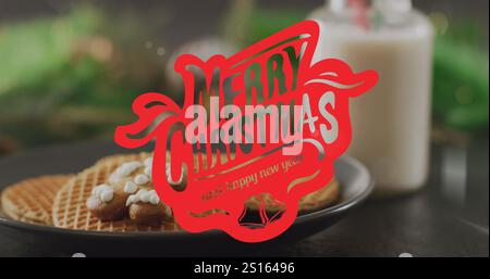 Bild von weihnachtsgrüßen Text über weihnachtsdekorationen Stockfoto
