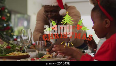 Bild des weihnachtsgrüßtextes über weihnachtsdekoration und Familie zu weihnachten Stockfoto