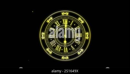 Bild der Uhr mit Mitternacht und Feuerwerk, das auf schwarzem Hintergrund explodiert Stockfoto