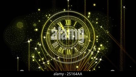Bild der Uhr mit Mitternacht und Feuerwerk, das auf schwarzem Hintergrund explodiert Stockfoto