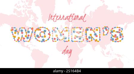 Internationales Frauentag-Banner. Rosa, gelbe, blaue Blumen mit Text. Urlaubskonzept. Grußkartendesign für den 8. märz. Illustration des flachen Vektors Stock Vektor