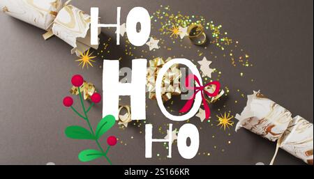Bild von weihnachtsgrüßen Text über weihnachtsdekorationen Stockfoto