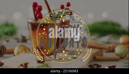 Bild von weihnachtsgrüßen Text über weihnachtsdekorationen Stockfoto