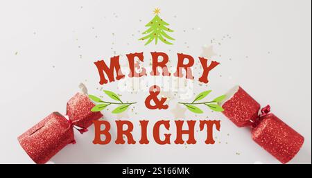 Bild des weihnachtsgrüßtextes über der weihnachtsdekoration Stockfoto