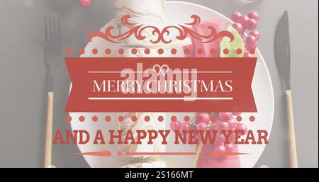 Bild von weihnachtsgrüßen Text über weihnachtsdekorationen Stockfoto