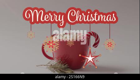 Bild des weihnachtsgrüßtextes über dem weihnachtsgetränk und der Dekoration Stockfoto