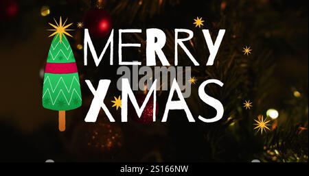 Bild von weihnachtsgrüßen Text über weihnachtsdekorationen Stockfoto