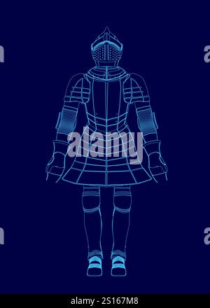 Blaues Bild eines Ritters in voller Rüstung. Der Ritter steht auf einem Feld und blickt nach rechts. Der Ritter trägt einen Helm und eine Rüstung, und Stock Vektor