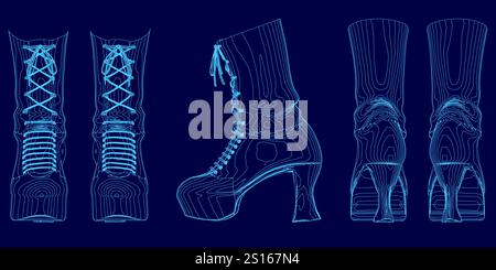 Serie blauer Bilder von Schuhen mit Schnürsenkeln. Die Schuhe sind in verschiedenen Positionen und Winkeln dargestellt Stock Vektor